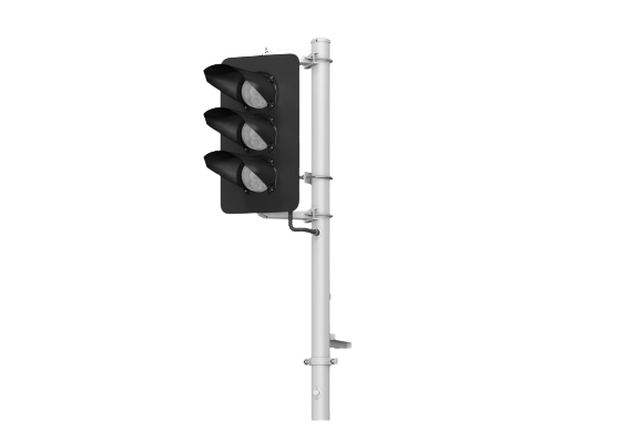 3-units LED high colour light signal with a galvanized tower, 3 LED complexes and a sign-board