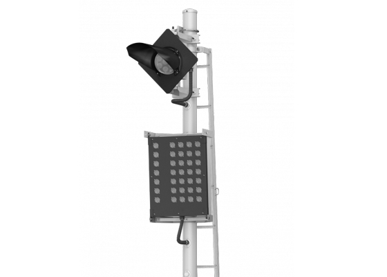 Светофор однозначный со светодиодными светооптическими системами с квадратным щитом, маршрутным указателем и трансформаторным ящиком 18058-00-00 ТУ32 ЦШ 2141-2009 (со светодиодными светооптическими системами НКМР.676636.030ТУ)