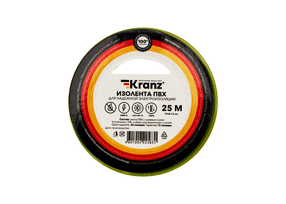 Изолента ПВХ KRANZ 0,13х15 мм, 25 м, желто-зеленая упаковка (5 роликов)