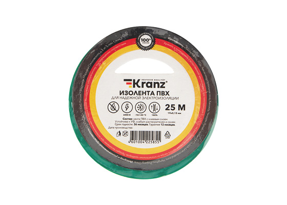 Изолента ПВХ KRANZ 0,13х15 мм, 25 м, зеленая упаковка (5 роликов)