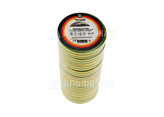 Изолента ПВХ профессиональная KRANZ 0,18х19 мм, 20 м, желто-зеленая упаковка (10 роликов)